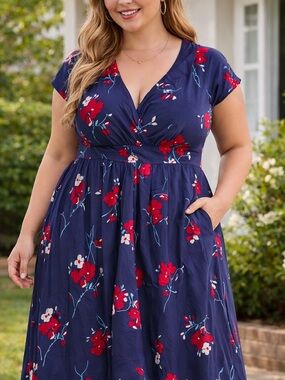 Emily and Fin Navy Floral Fit-and-Flare Dress with Red Blossoms Sz 2X